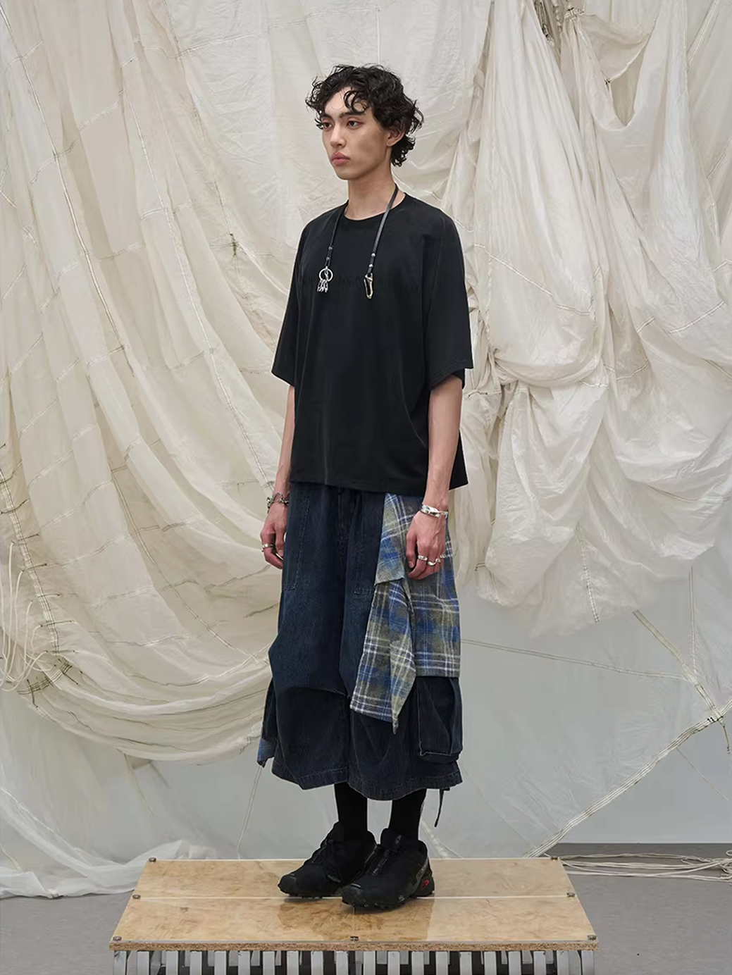 Layered Plaid Panel Denim Trousers