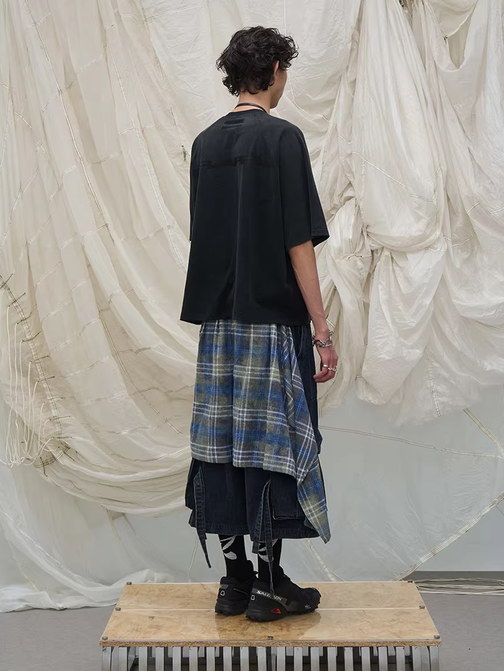 Layered Plaid Panel Denim Trousers