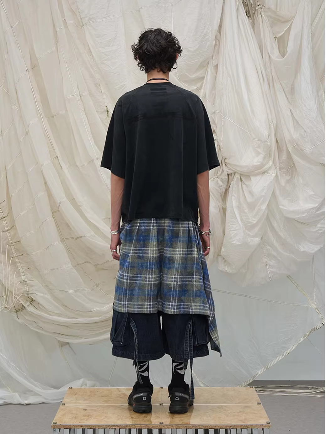 Layered Plaid Panel Denim Trousers