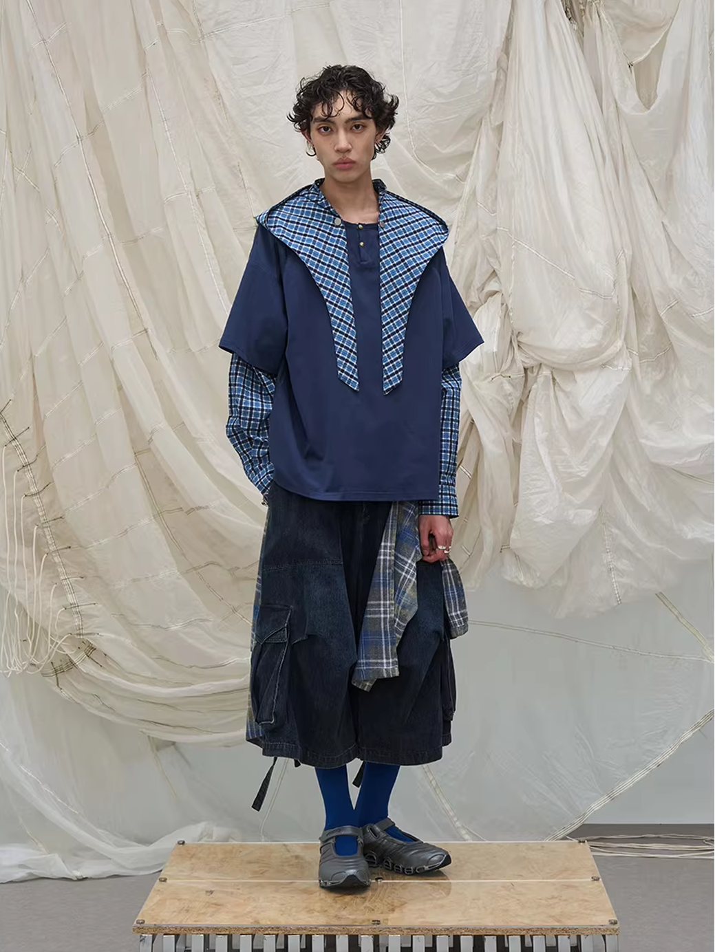 Layered Plaid Panel Denim Trousers