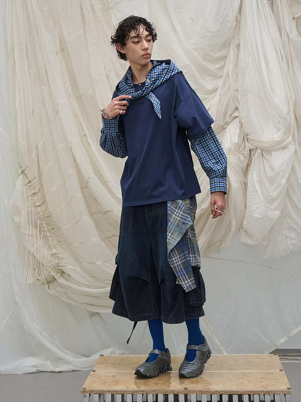 Layered Plaid Panel Denim Trousers