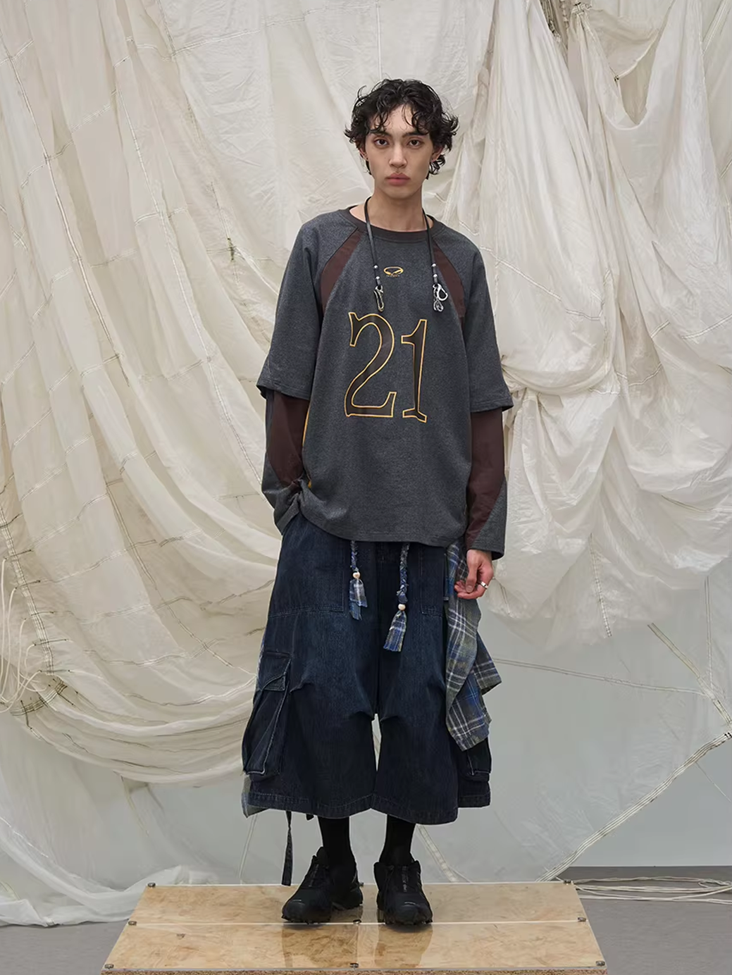 Layered Plaid Panel Denim Trousers