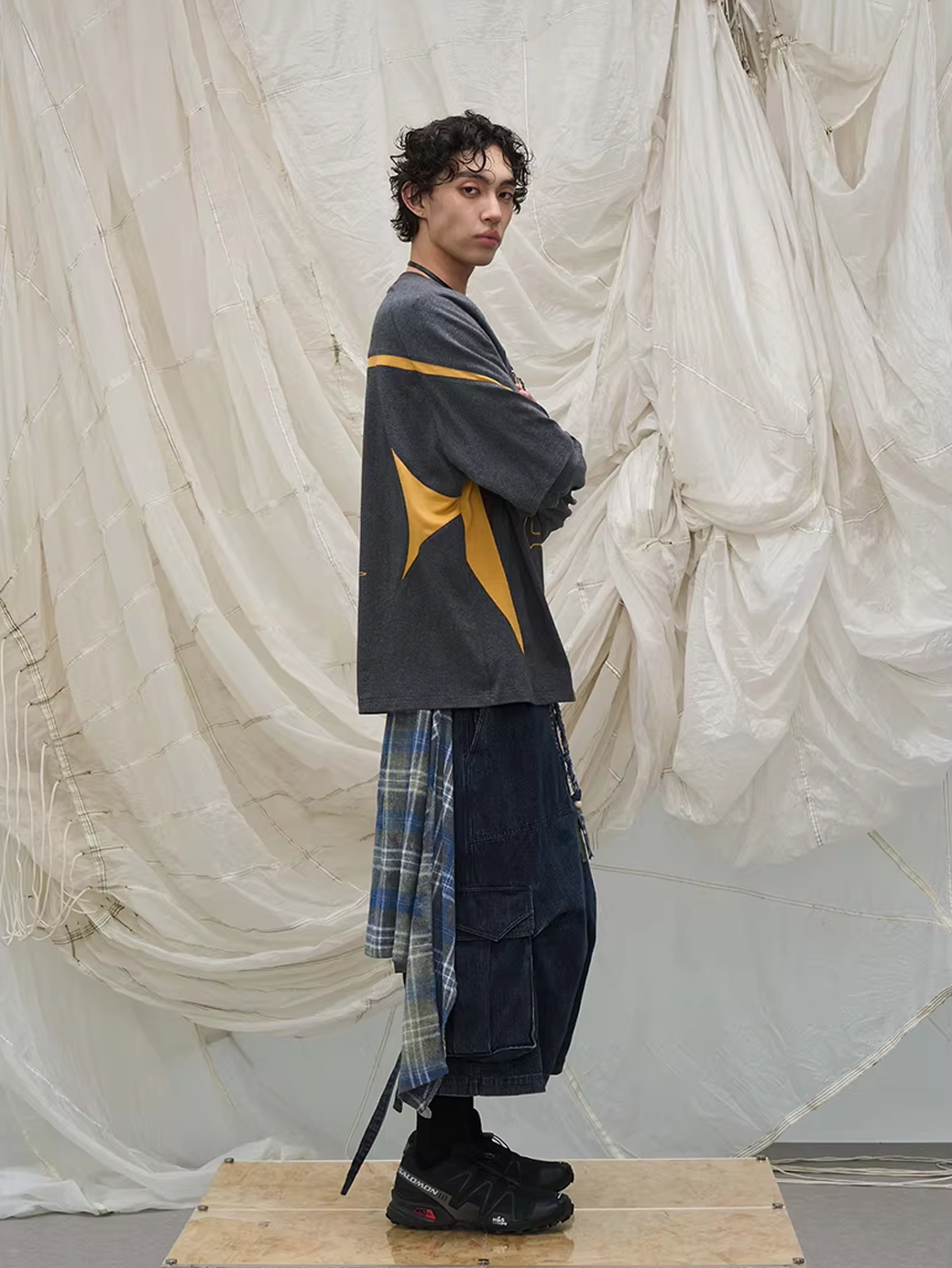 Layered Plaid Panel Denim Trousers
