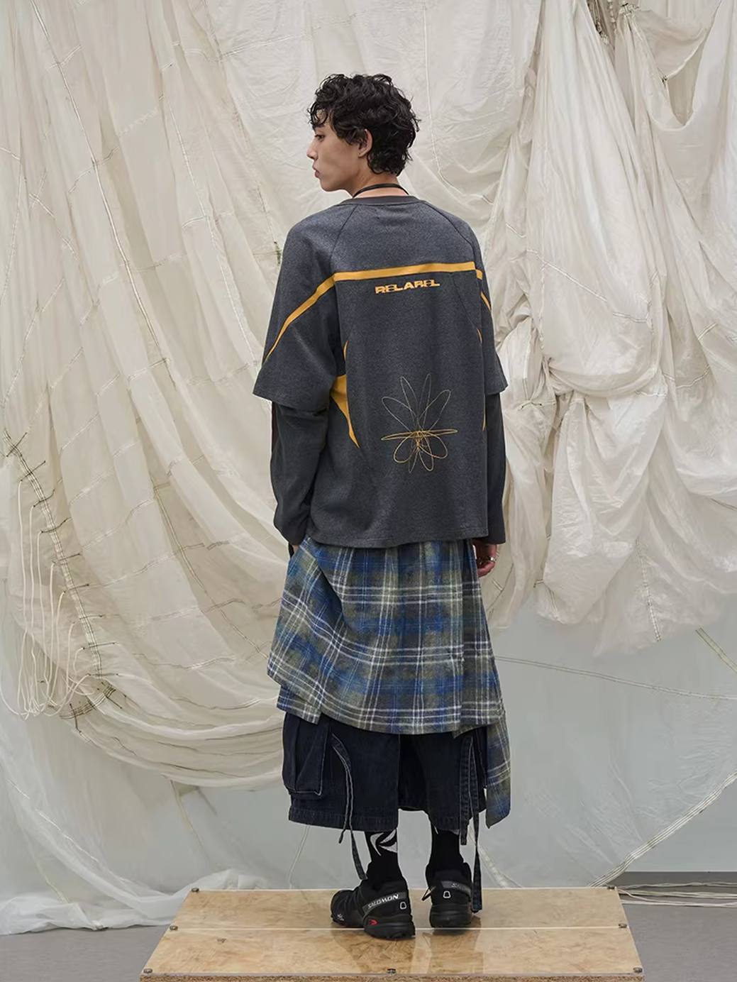 Layered Plaid Panel Denim Trousers