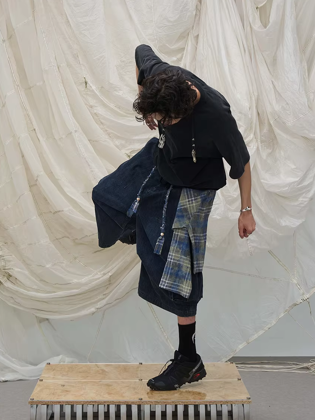 Layered Plaid Panel Denim Trousers