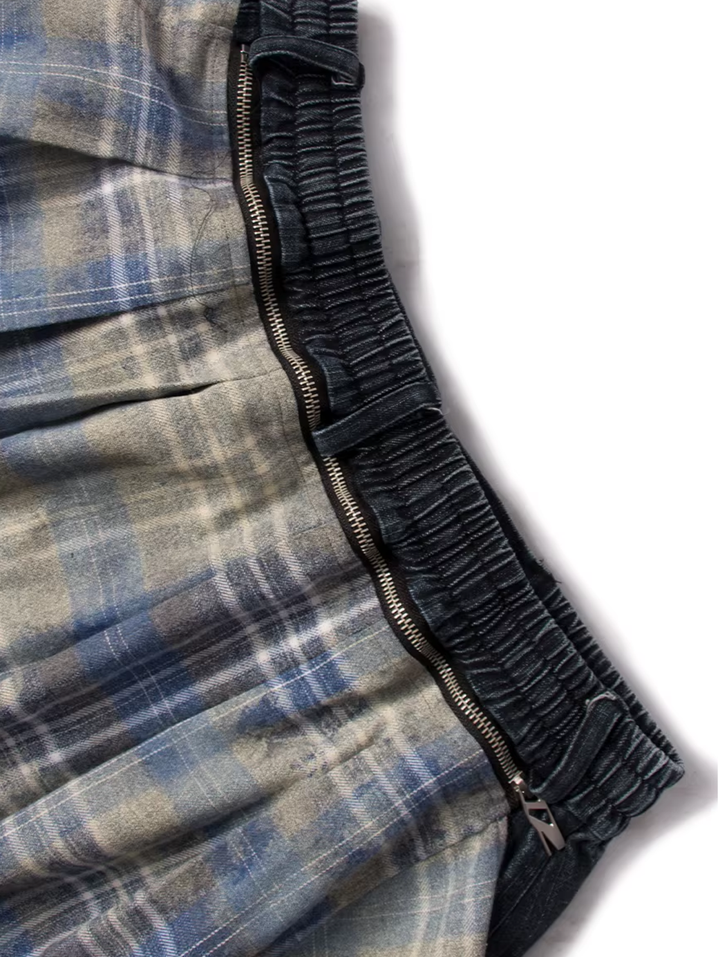 Layered Plaid Panel Denim Trousers