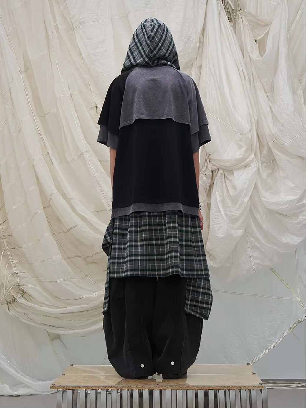 Detachable Plaid Panel Wide Trousers - Black