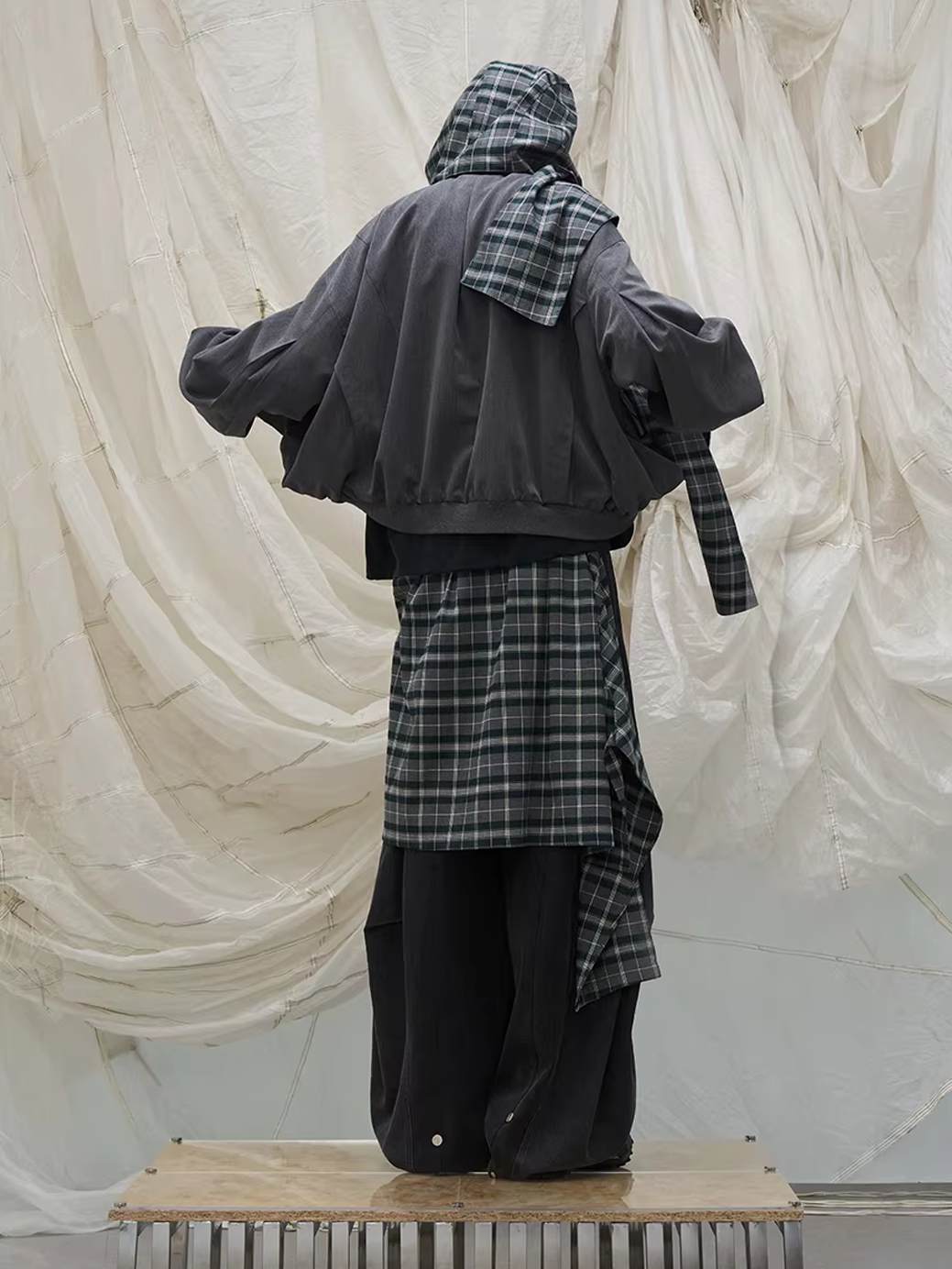 Detachable Plaid Panel Wide Trousers - Black