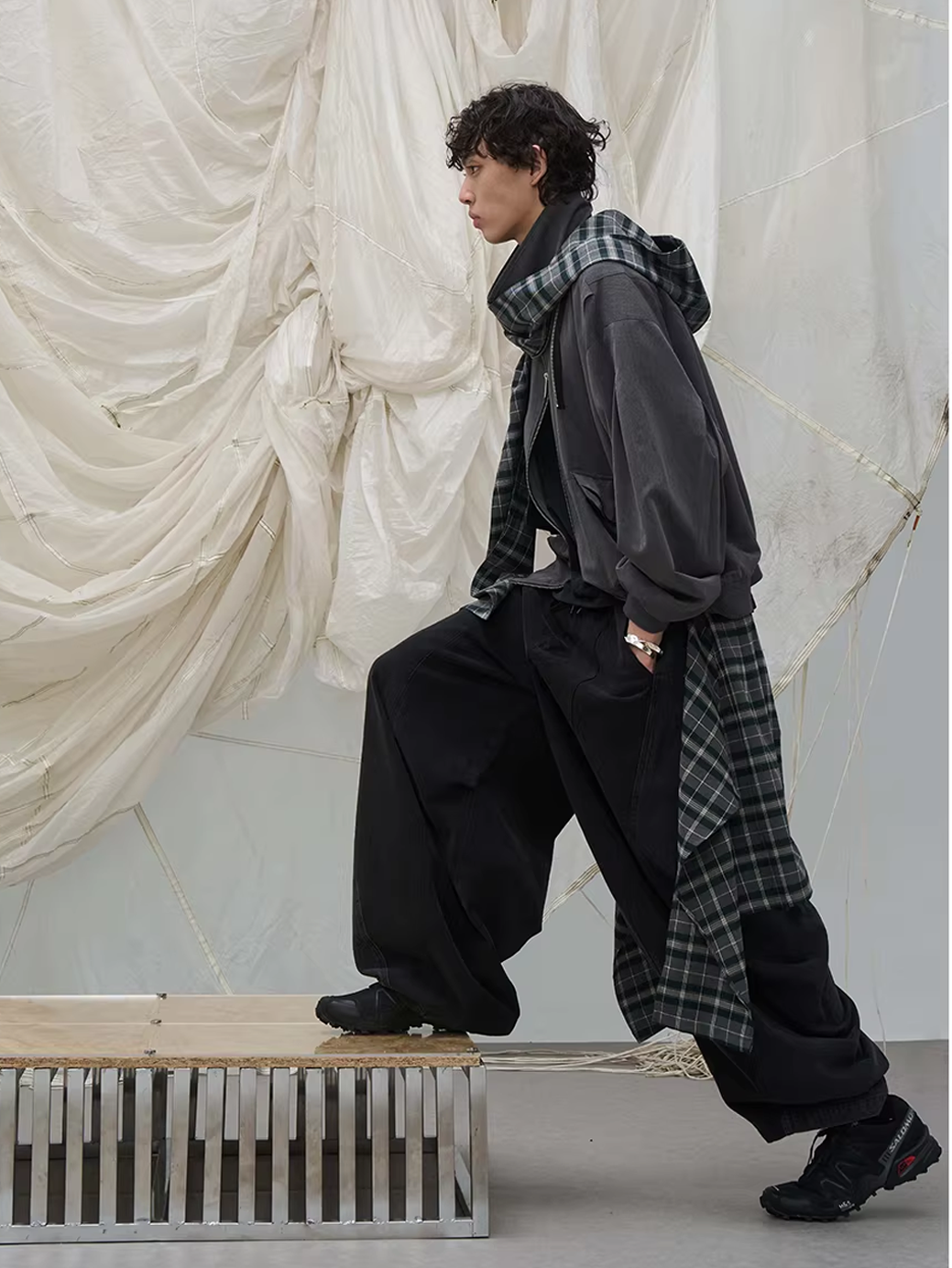 Detachable Plaid Panel Wide Trousers - Black