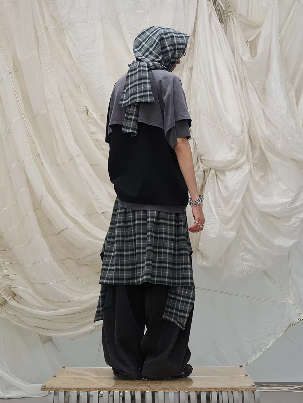 Detachable Plaid Panel Wide Trousers - Black