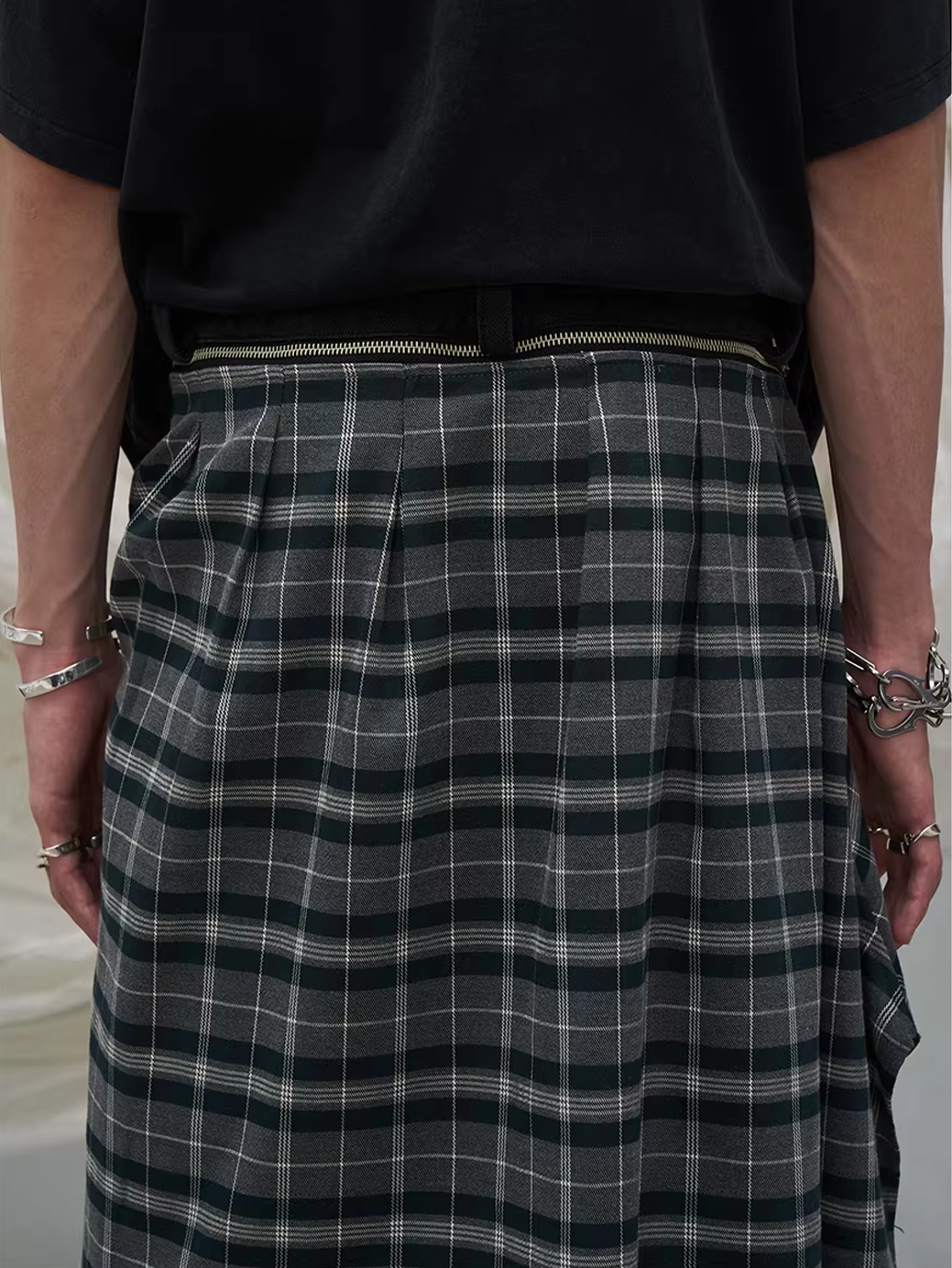 Detachable Plaid Panel Wide Trousers - Black