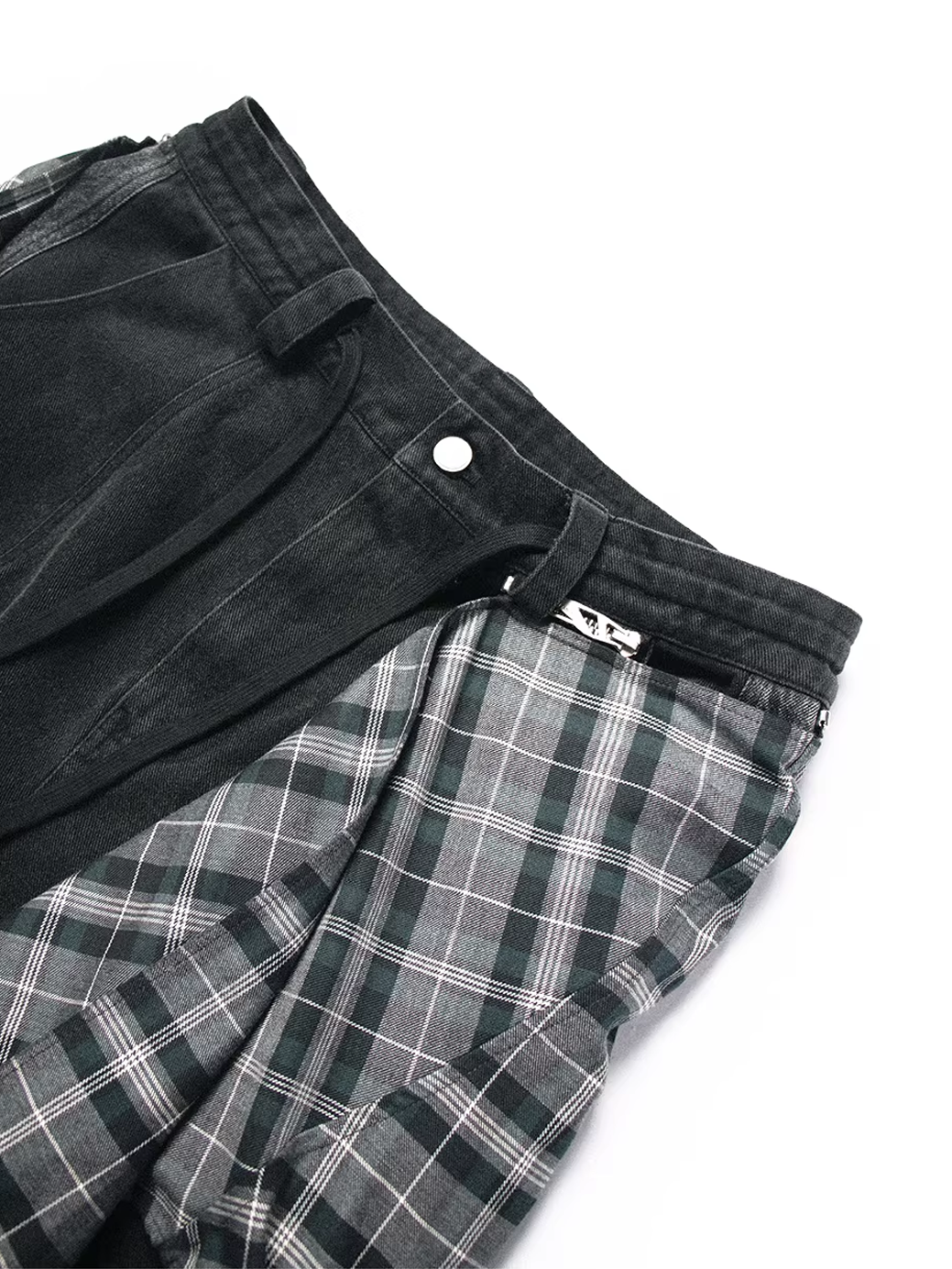 Detachable Plaid Panel Wide Trousers - Black