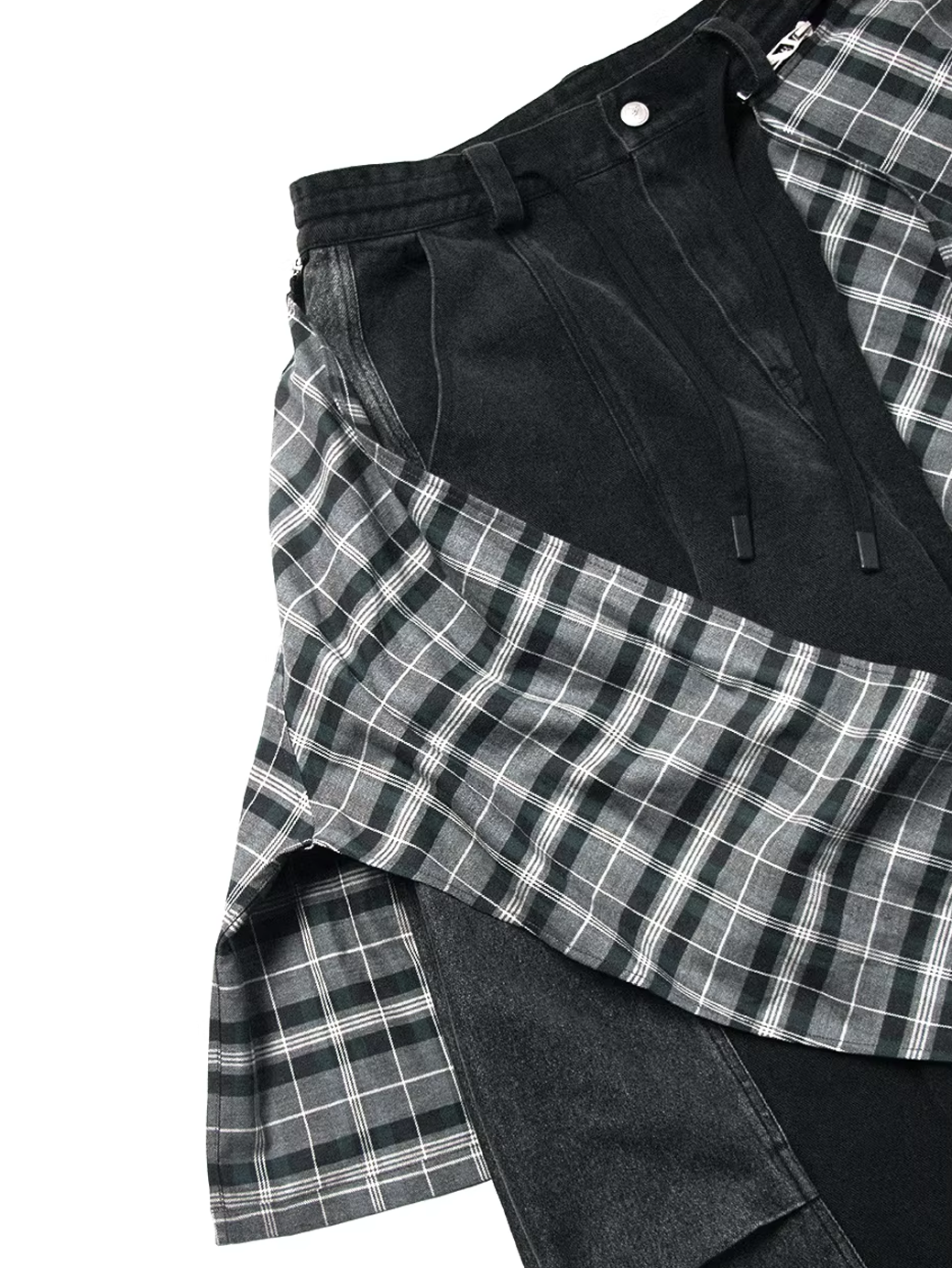 Detachable Plaid Panel Wide Trousers - Black