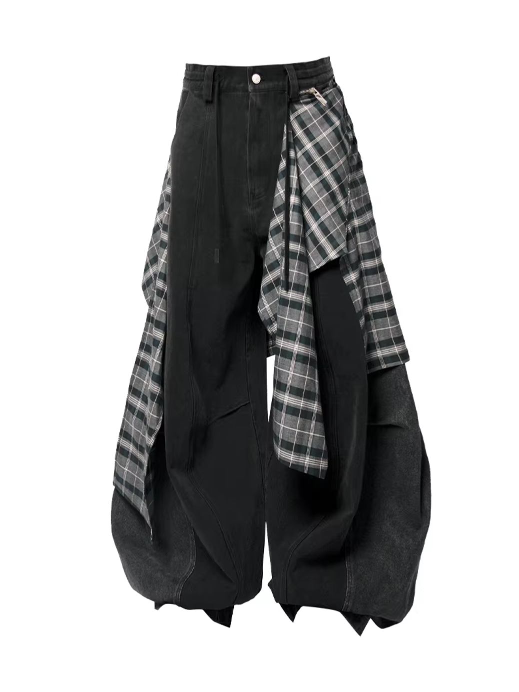 Detachable Plaid Panel Wide Trousers - Black