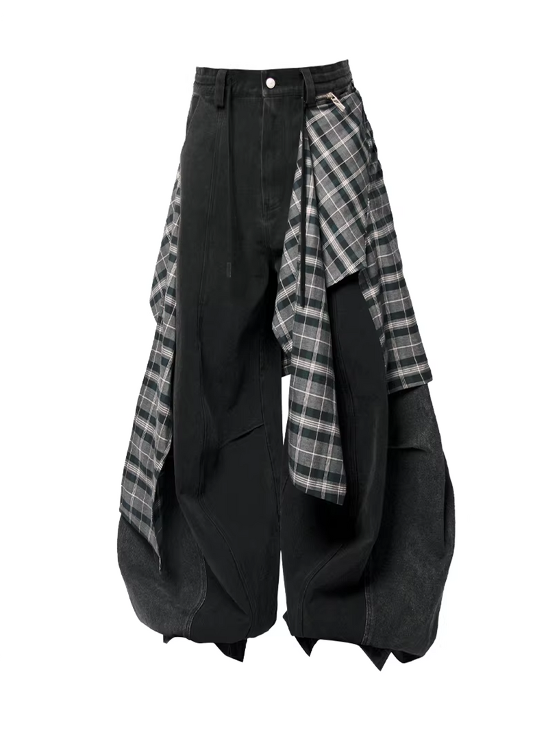 Detachable Plaid Panel Wide Trousers - Black