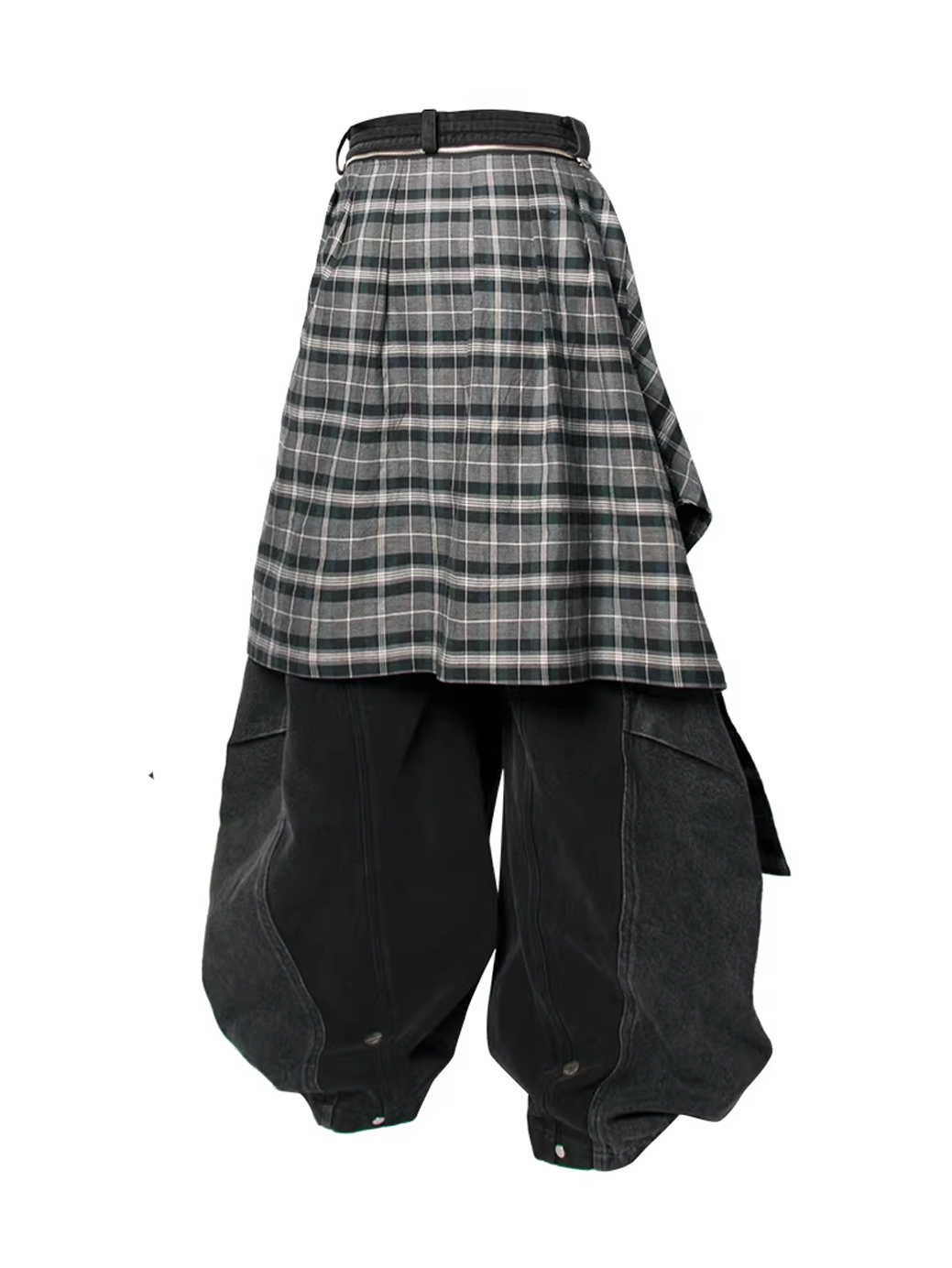 Detachable Plaid Panel Wide Trousers - Black