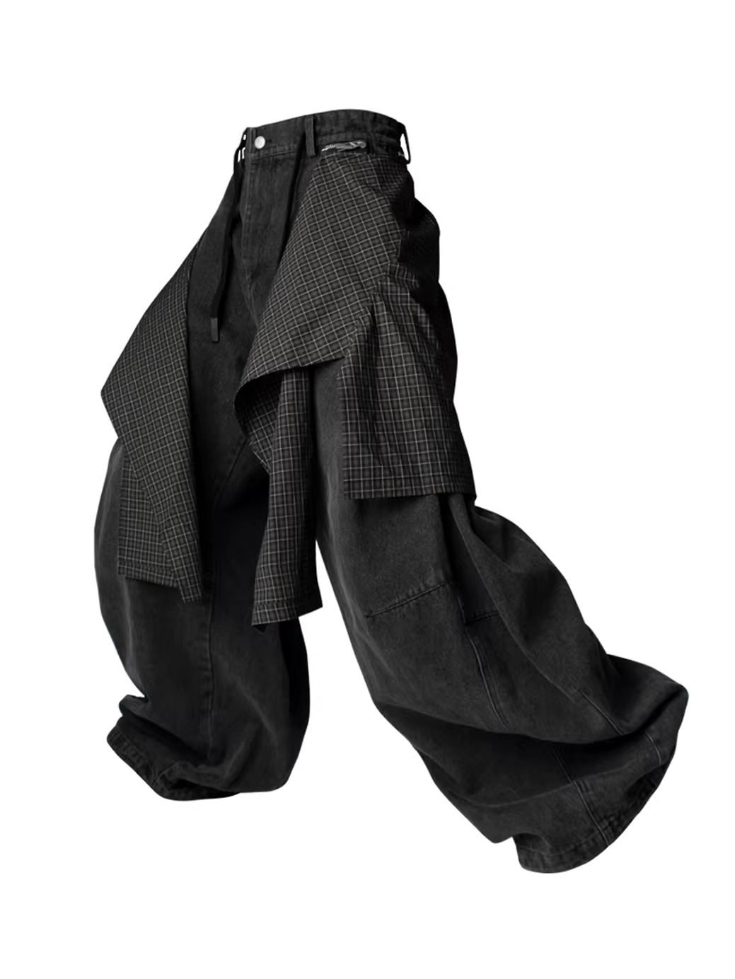 Curved Wide Denim Trousers with Detachable Check Panel - Black
