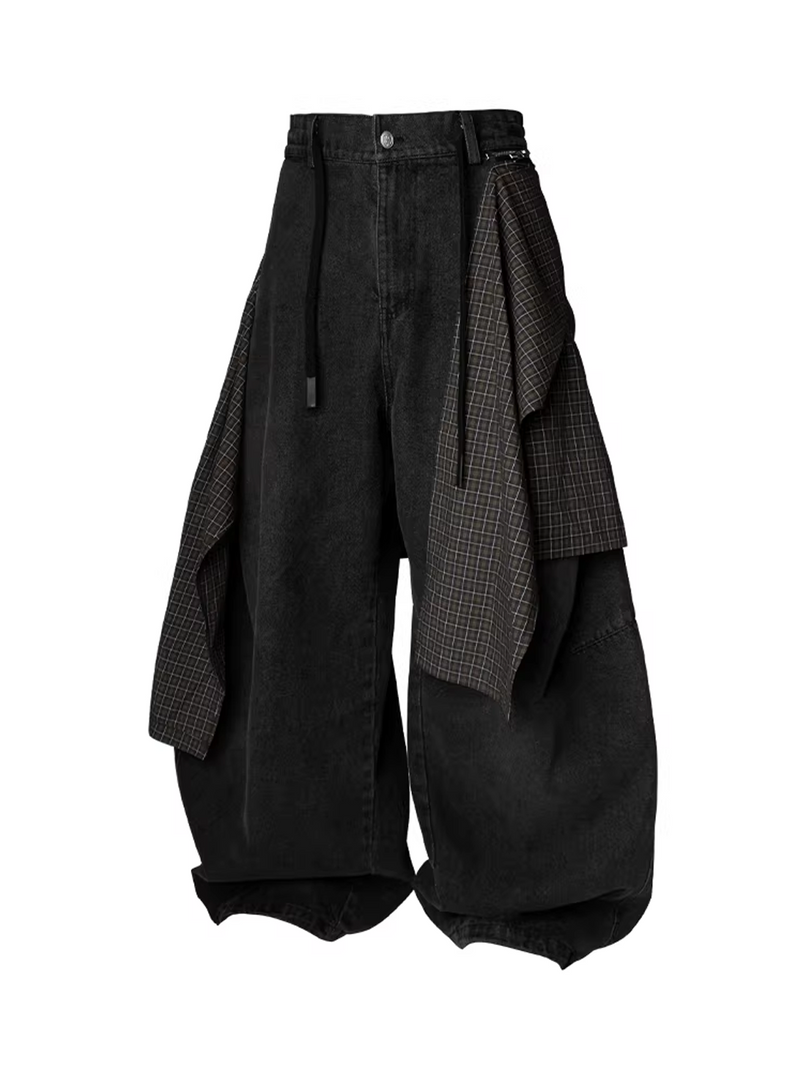 Curved Wide Denim Trousers with Detachable Check Panel - Black