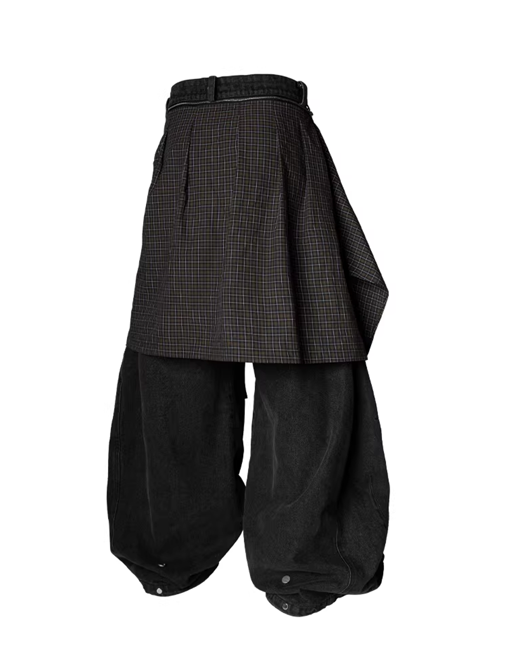Curved Wide Denim Trousers with Detachable Check Panel - Black