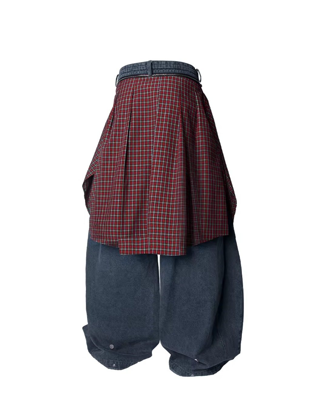 Curved Wide Denim Trousers with Detachable Check Panel - Blue