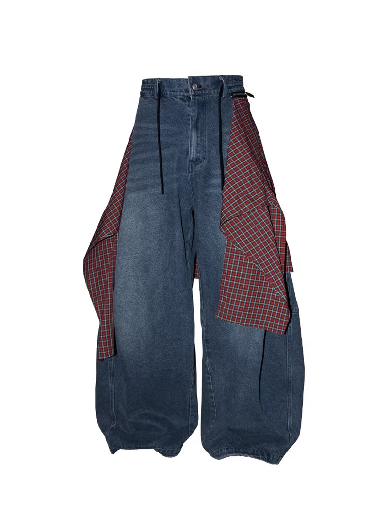 Curved Wide Denim Trousers with Detachable Check Panel - Blue