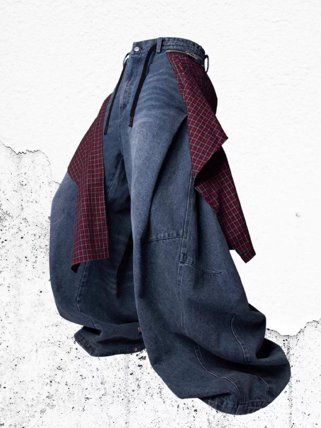 Curved Wide Denim Trousers with Detachable Check Panel - Blue