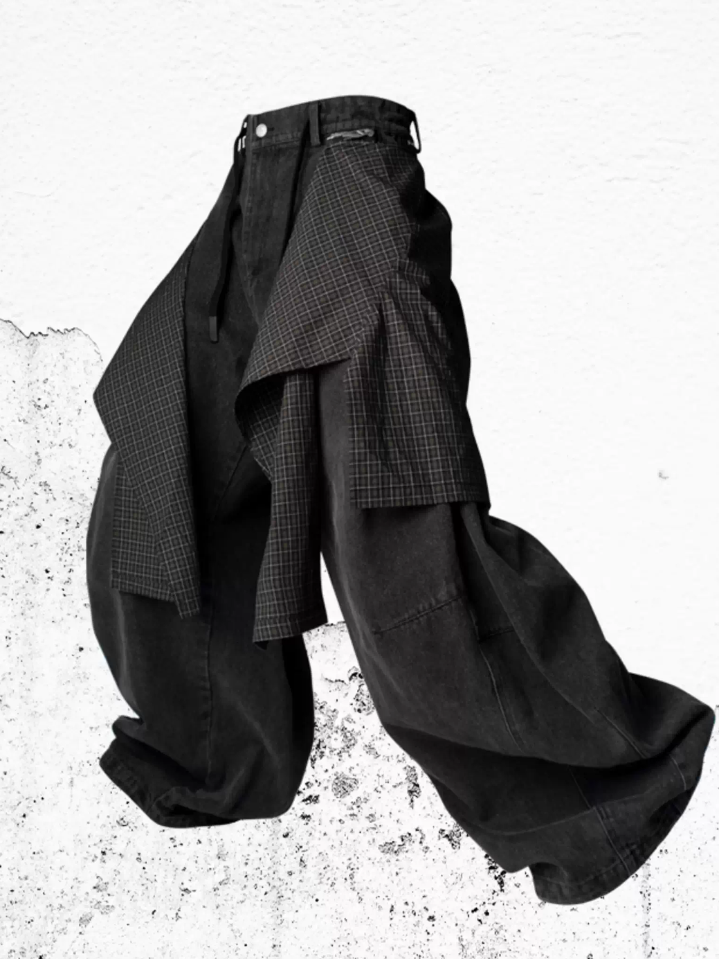 Curved Wide Denim Trousers with Detachable Check Panel - Black