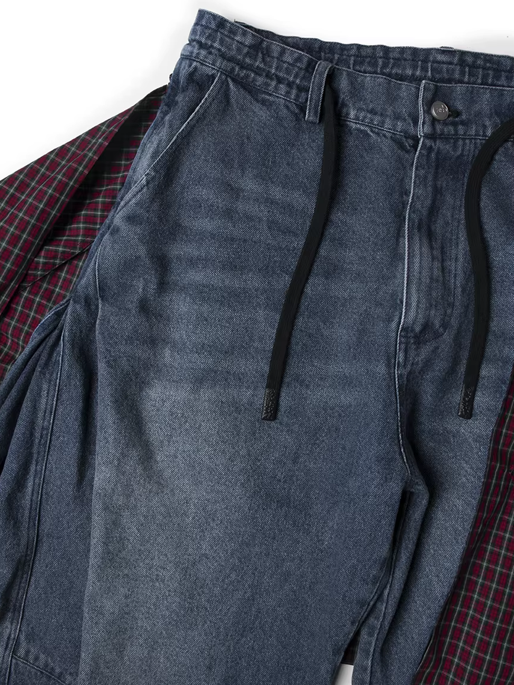 Curved Wide Denim Trousers with Detachable Check Panel - Blue