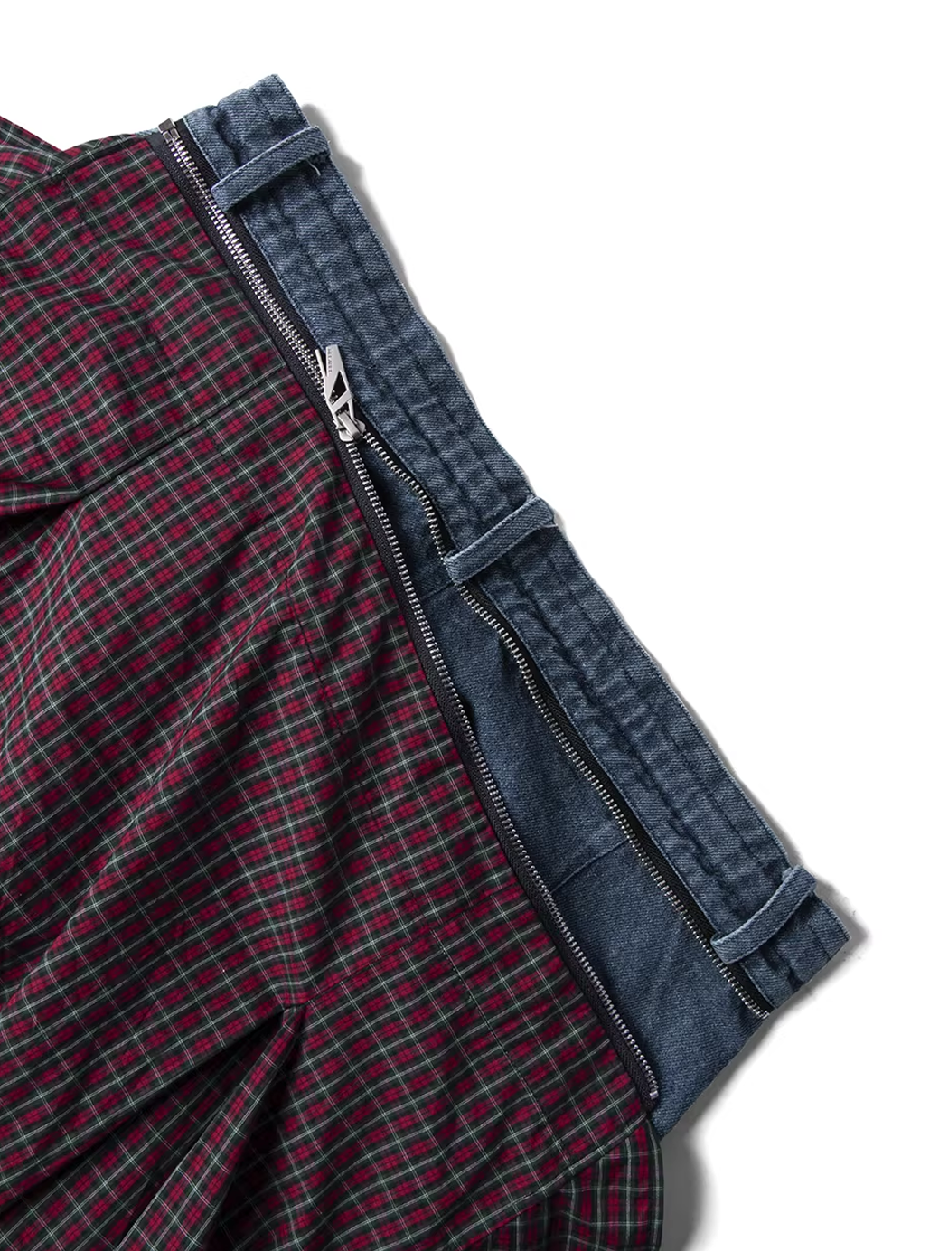 Curved Wide Denim Trousers with Detachable Check Panel - Blue