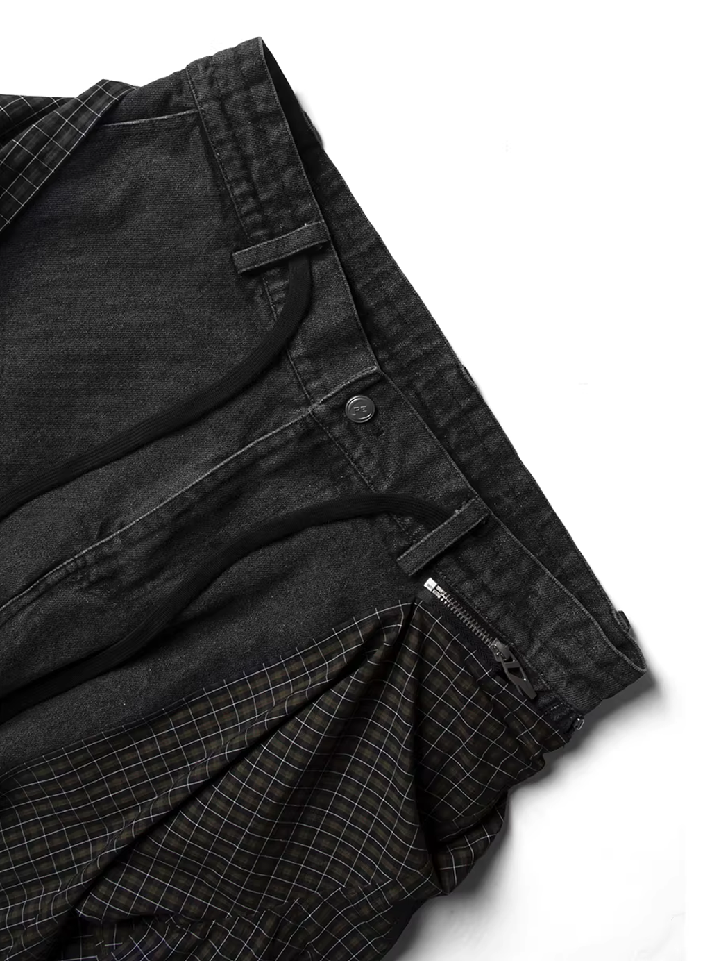 Curved Wide Denim Trousers with Detachable Check Panel - Black