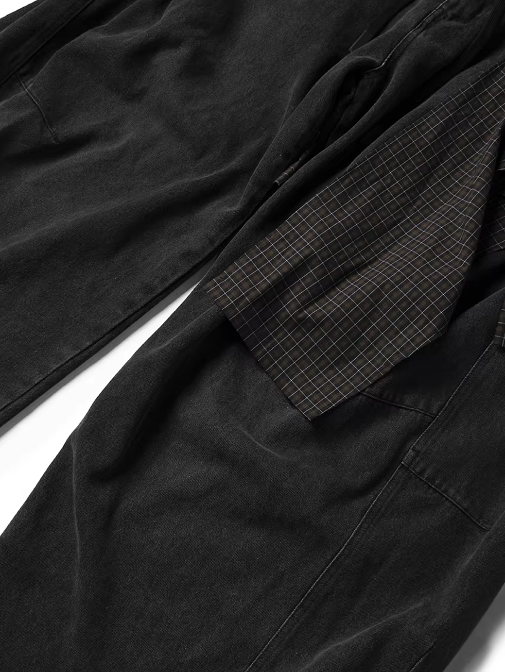 Curved Wide Denim Trousers with Detachable Check Panel - Black