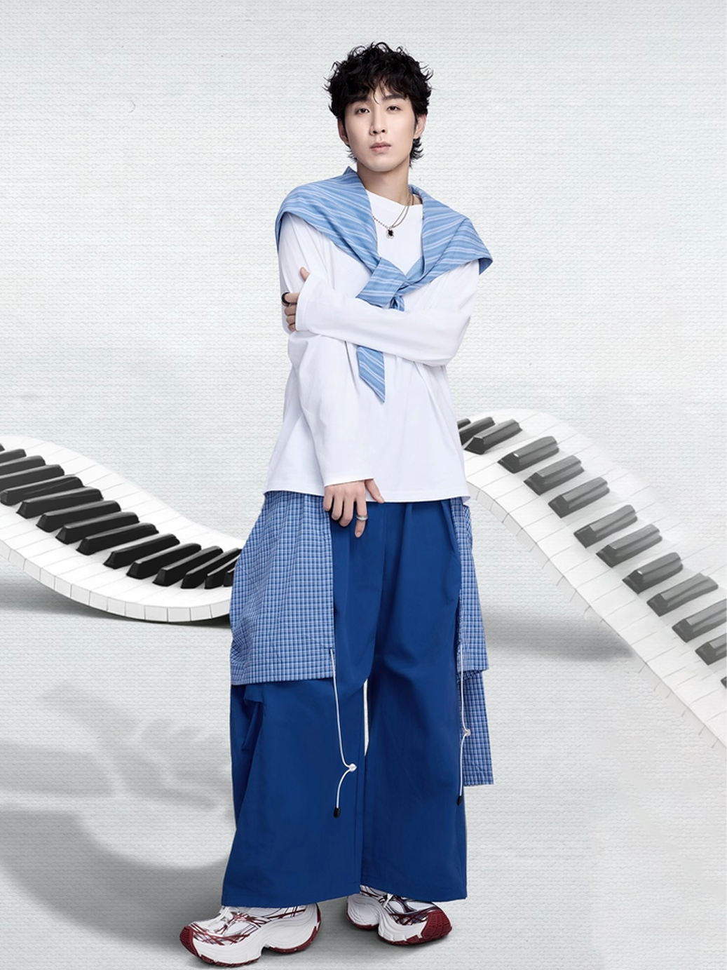 Layered Technical Curved Trousers - Blue
