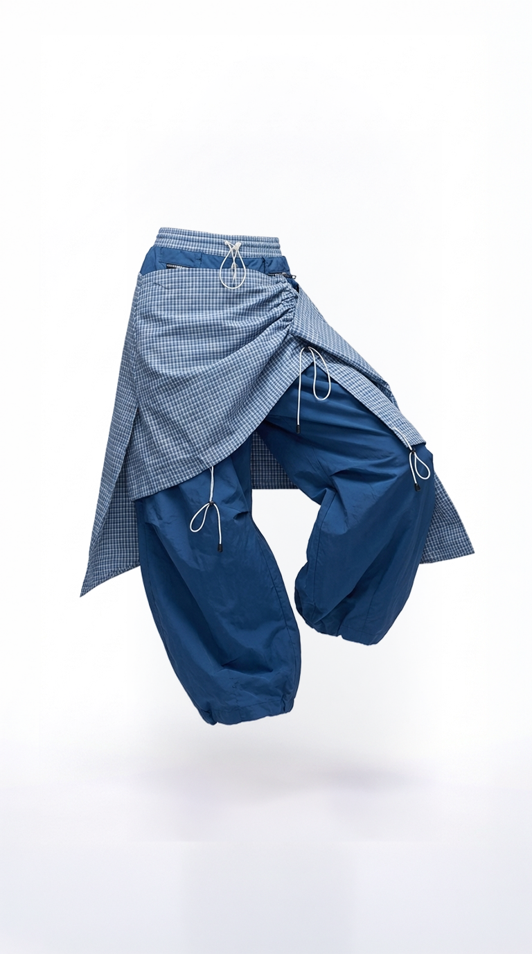 Layered Technical Curved Trousers - Blue