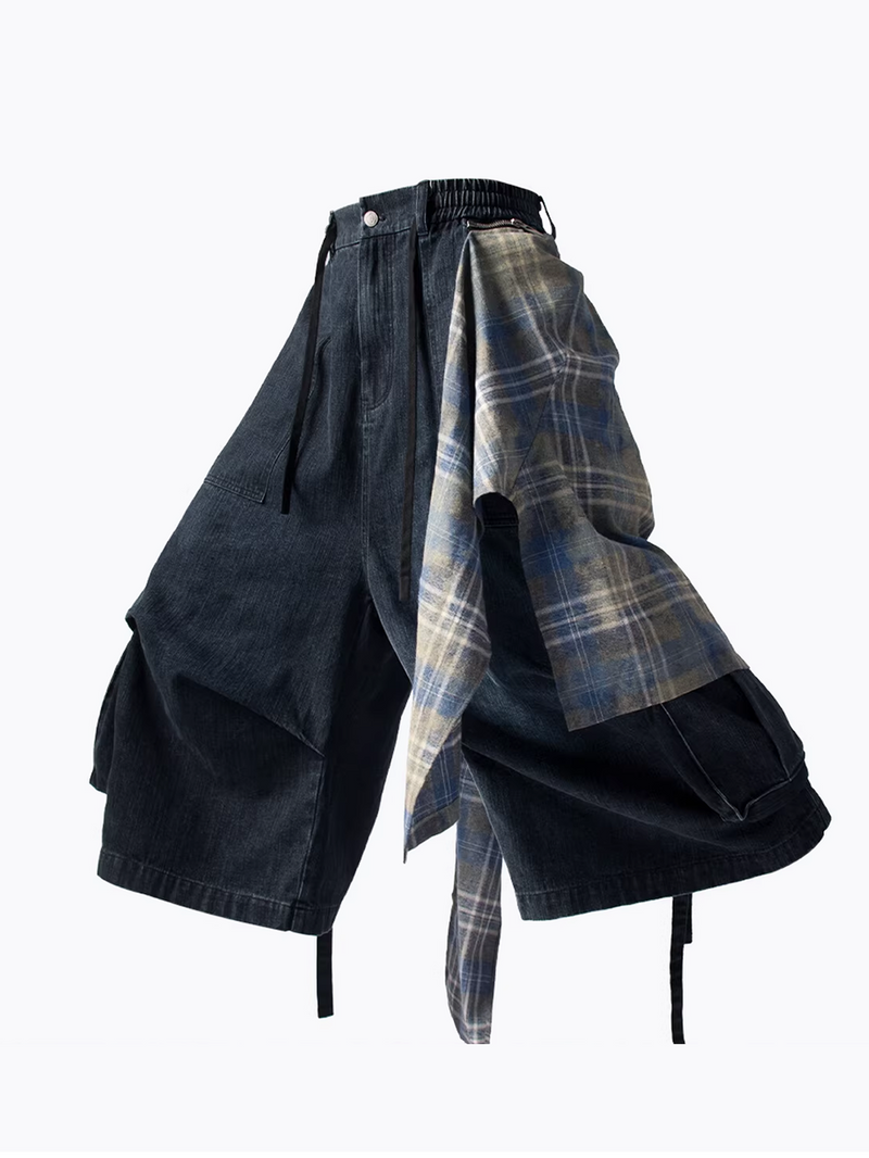 Layered Plaid Panel Denim Trousers