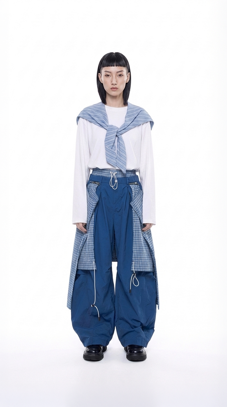 Layered Technical Curved Trousers - Blue