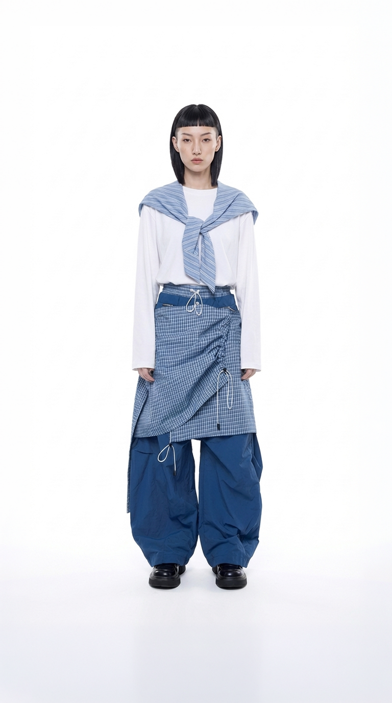 Layered Technical Curved Trousers - Blue